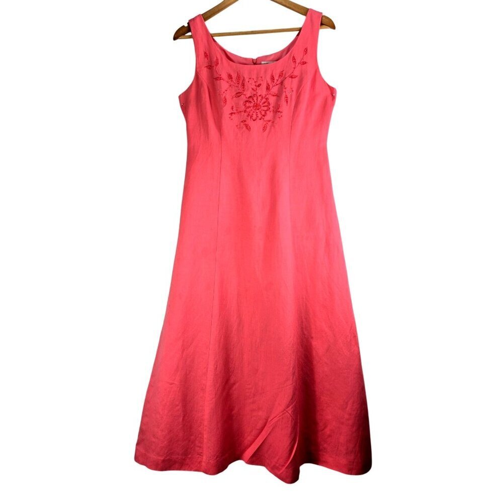 Coldwater Creek Maxi Sun Dress Linen Shift 6 Coal Pink VTG Lined Beaded Top